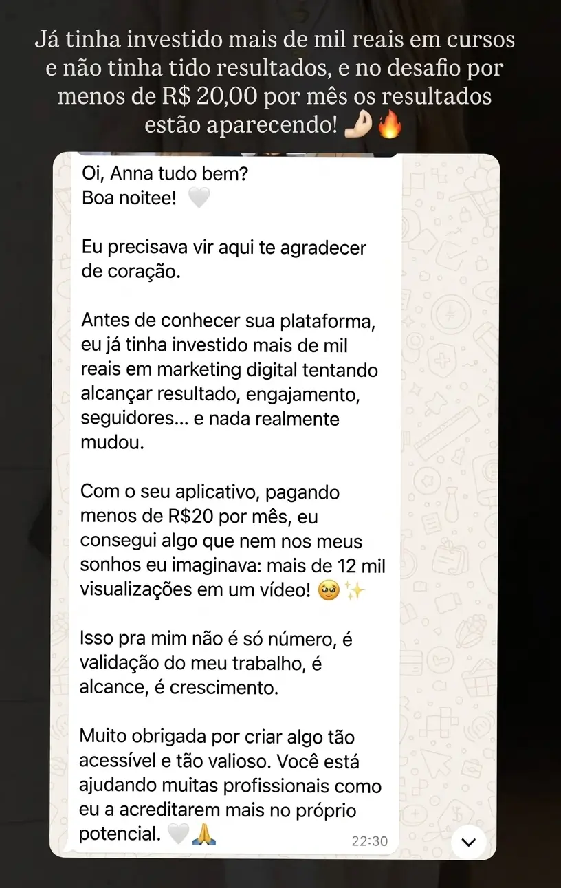 Depoimento 34 de cliente do Cresça com Reels