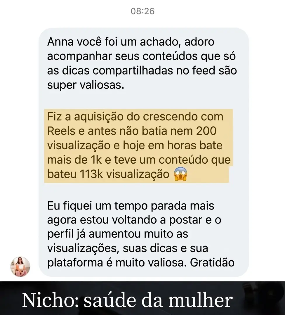 Depoimento 45 de cliente do Cresça com Reels