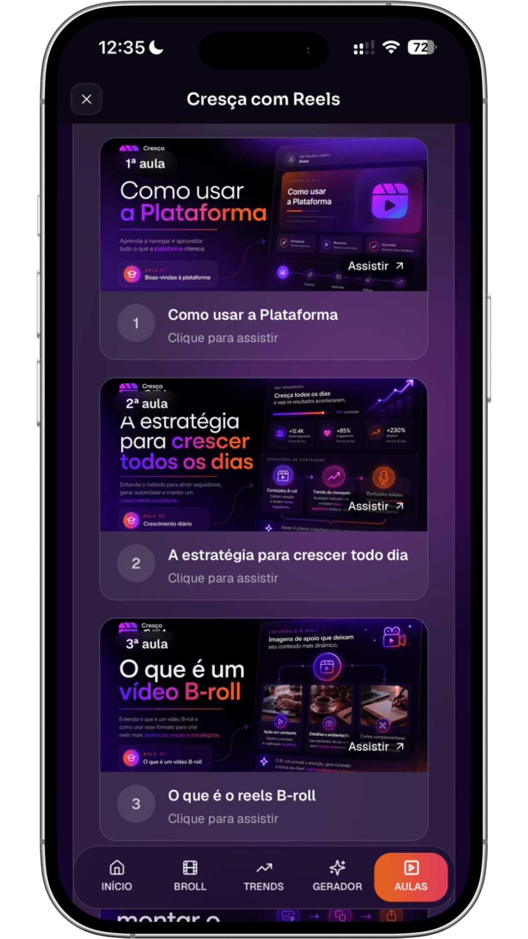 Área de aulas no celular