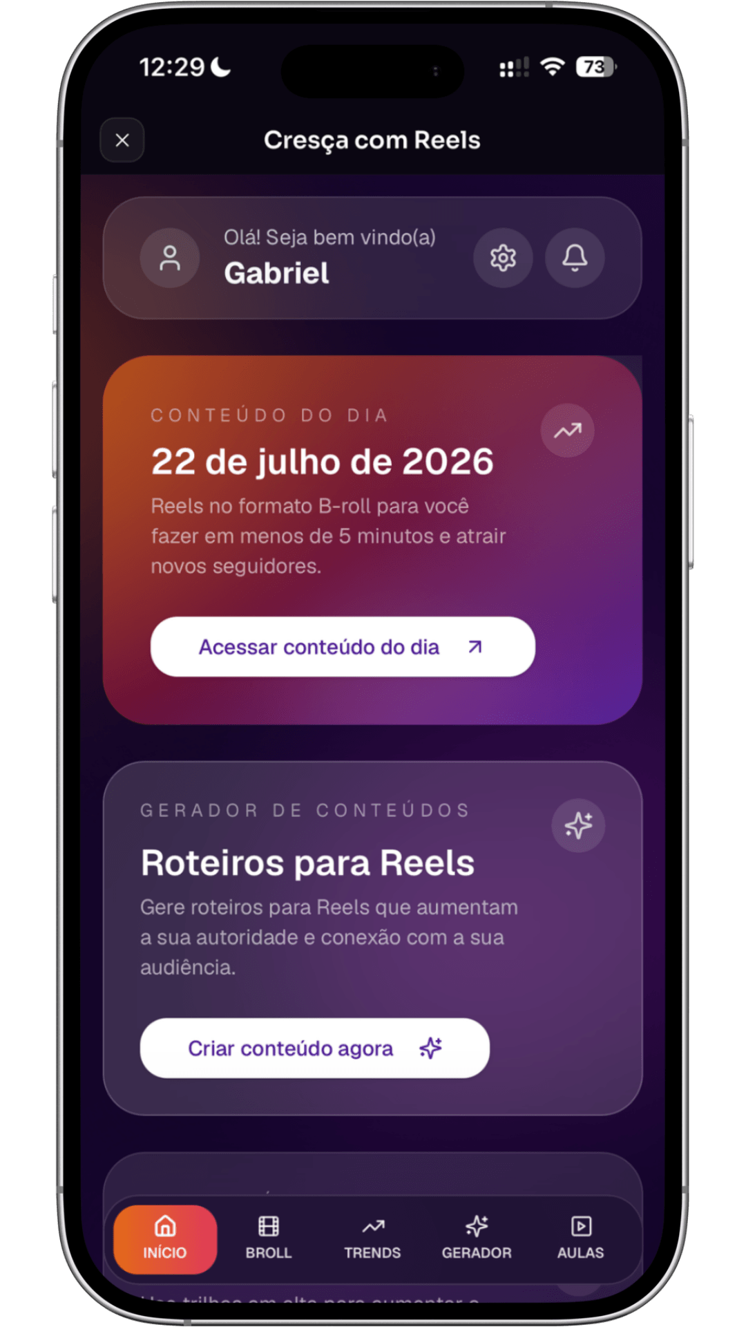 Tela inicial da plataforma no celular