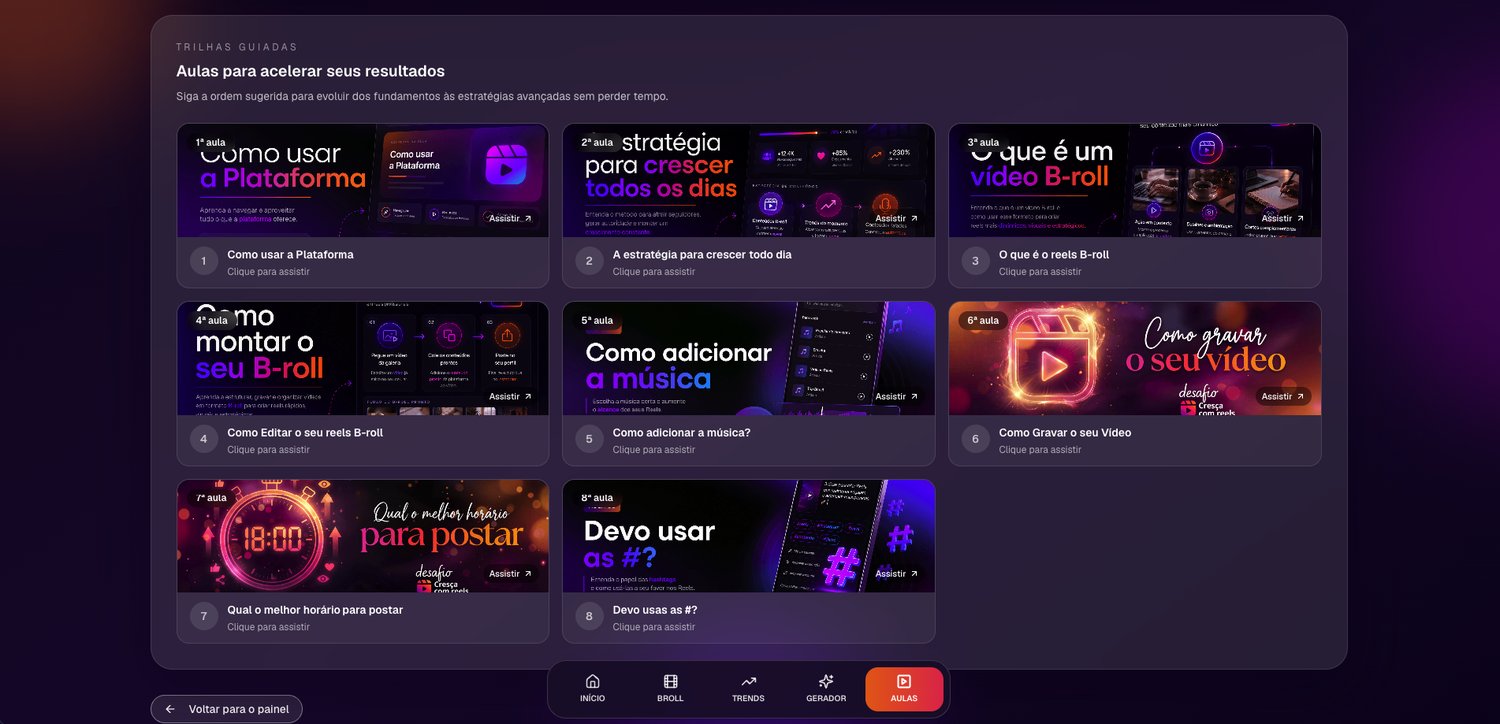 Área de aulas com trilhas guiadas sobre estratégia, B-roll, música e gravação