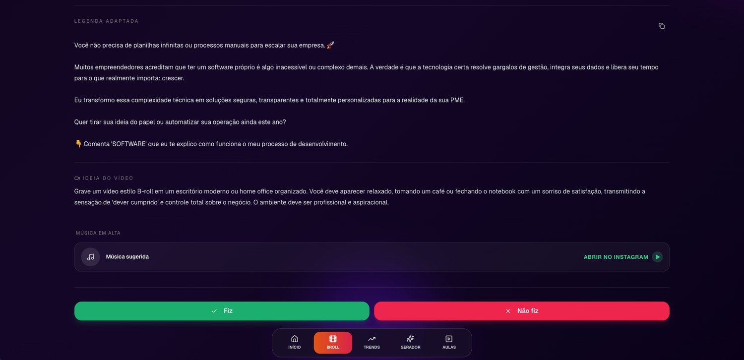 Detalhe de um conteúdo com legenda adaptada, instruções de gravação e música sugerida