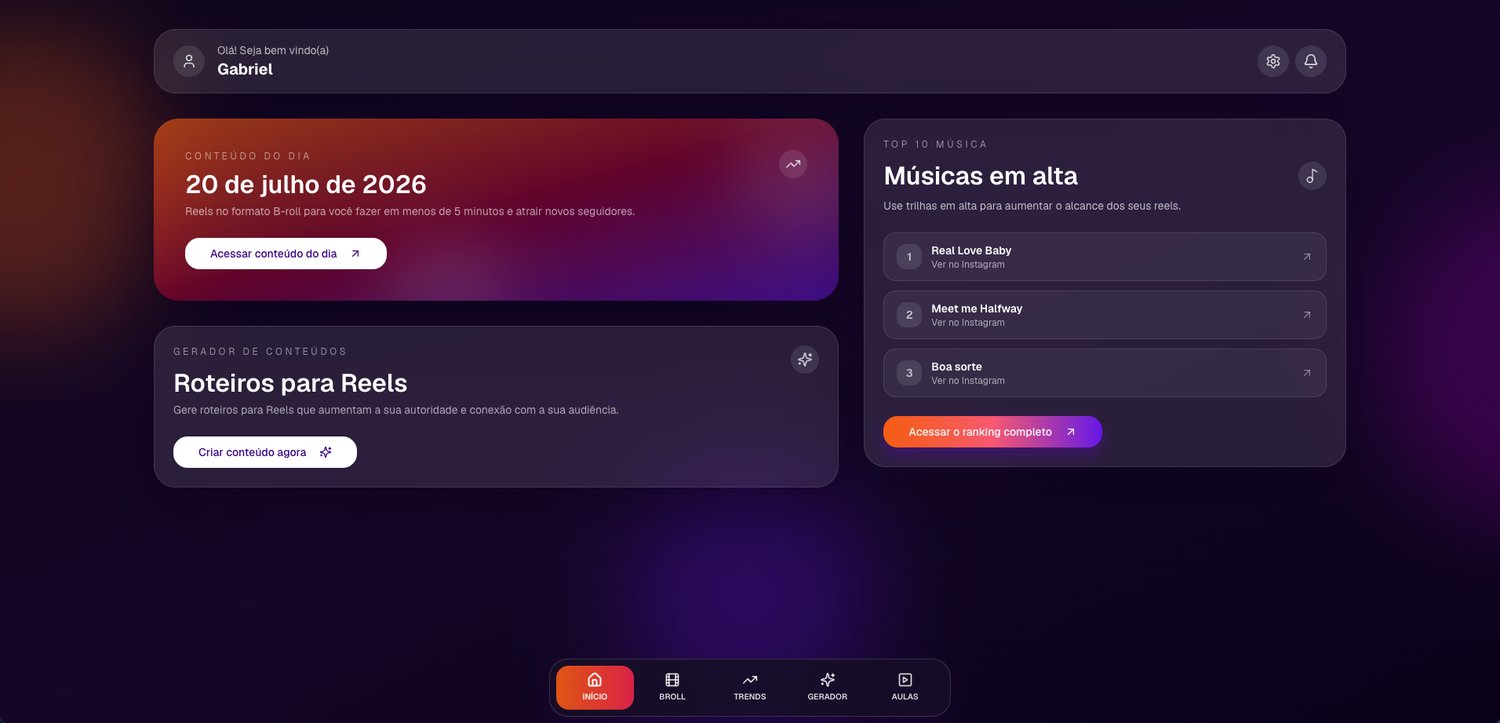 Tela inicial da plataforma com o conteúdo do dia, gerador de roteiros e músicas em alta